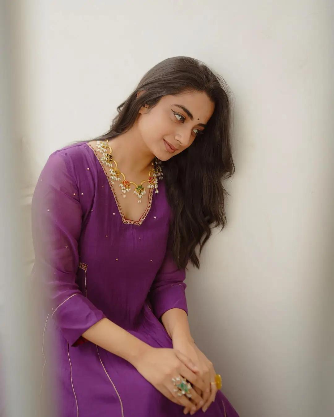 Namitha Pramod Wearing Beautiful Earring Jewellery Violet Dress